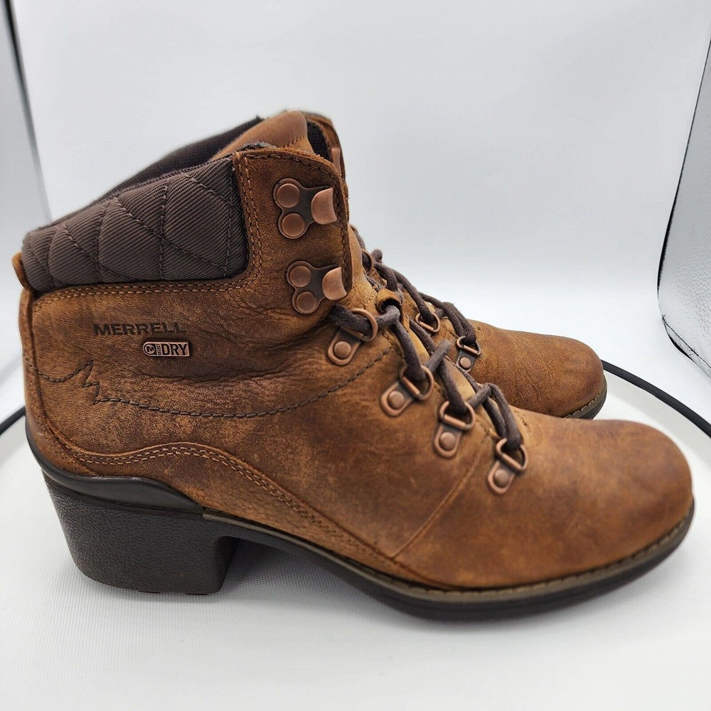 Merrell Brown Heeled Snow Boots Booties Womens Size 8.5 J45538 Lace Up Grip DRY